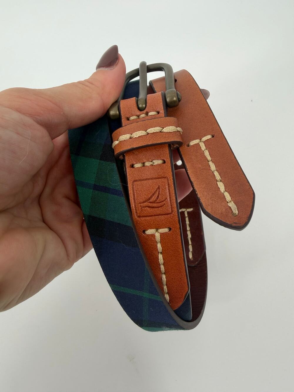 Canvas and leather belt, Sperry Blackwatch Plaid (L)